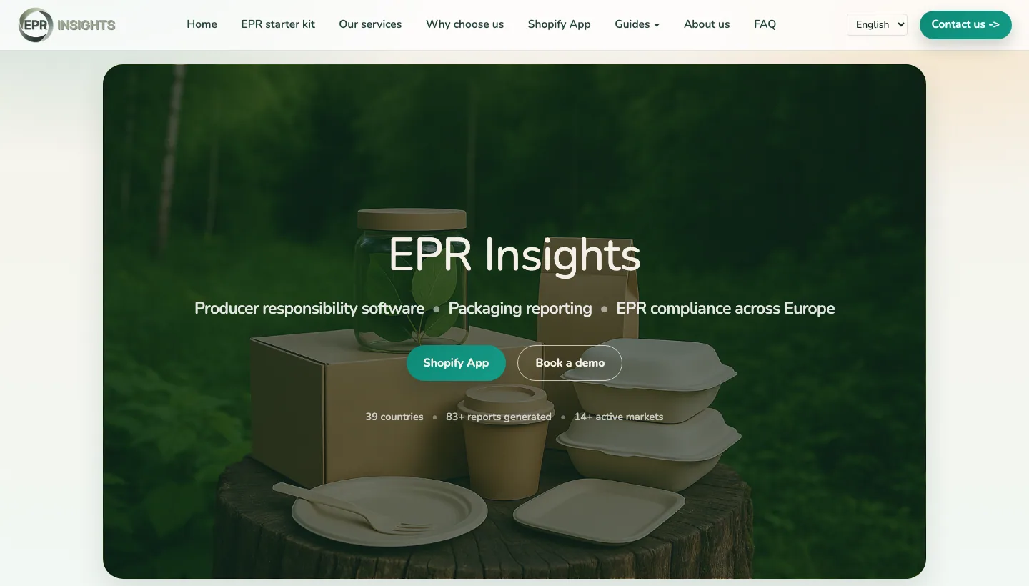 EPR Insights' public homepage, captured August 2026, headlined "EPR Insights" with the subline "Producer responsibility software, packaging reporting, EPR compliance across Europe" and a Shopify App button.