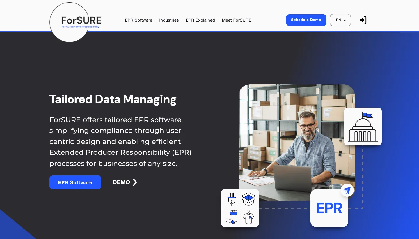 ForSURE's public homepage, captured August 2026, headlined "Tailored Data Managing" and offering EPR software to businesses of any size, the smallest included.