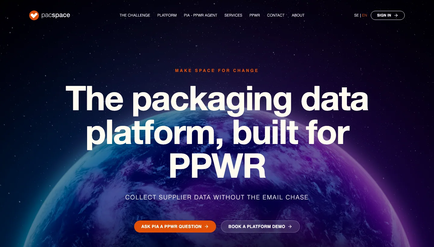PacSpace's public homepage, captured August 2026, headlined "The packaging data platform, built for PPWR" and framing the job as data collection.
