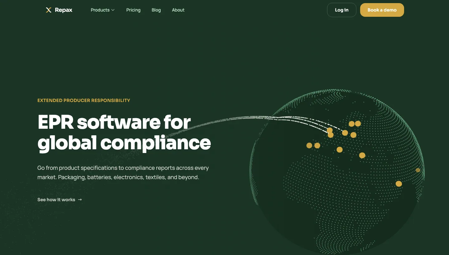 Repax's public homepage, captured August 2026, presenting itself under the headline "EPR software for global compliance".