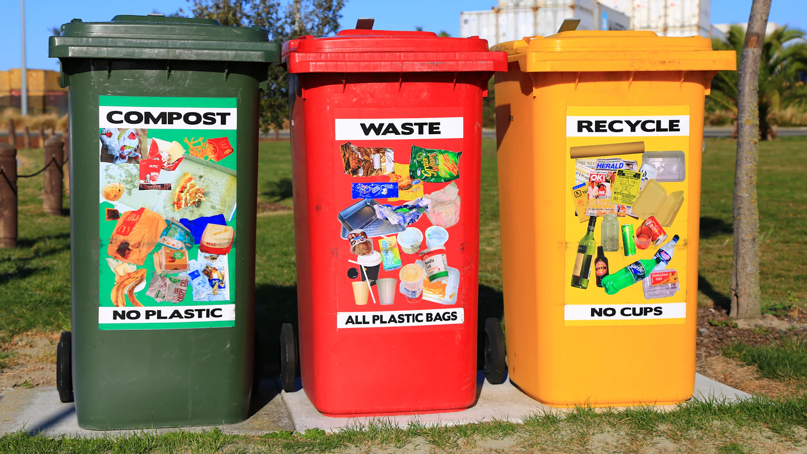 Three coloured recycling and waste bins, representing packaging sorting and the Green Dot mark
