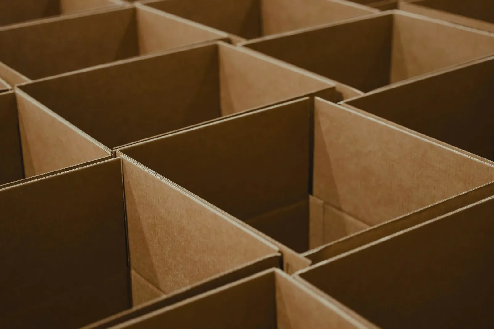 Grid of empty corrugated cardboard box dividers seen from above