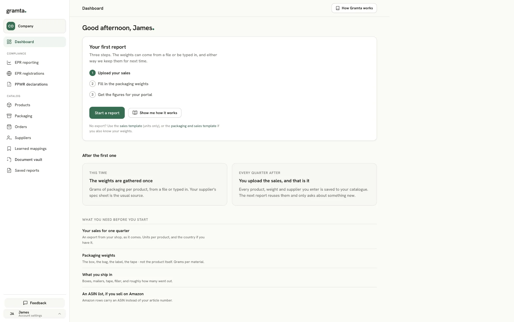 Gramta's dashboard keeping EPR reporting, registration tracking and PPWR declarations in one product, with the first report broken into three steps.