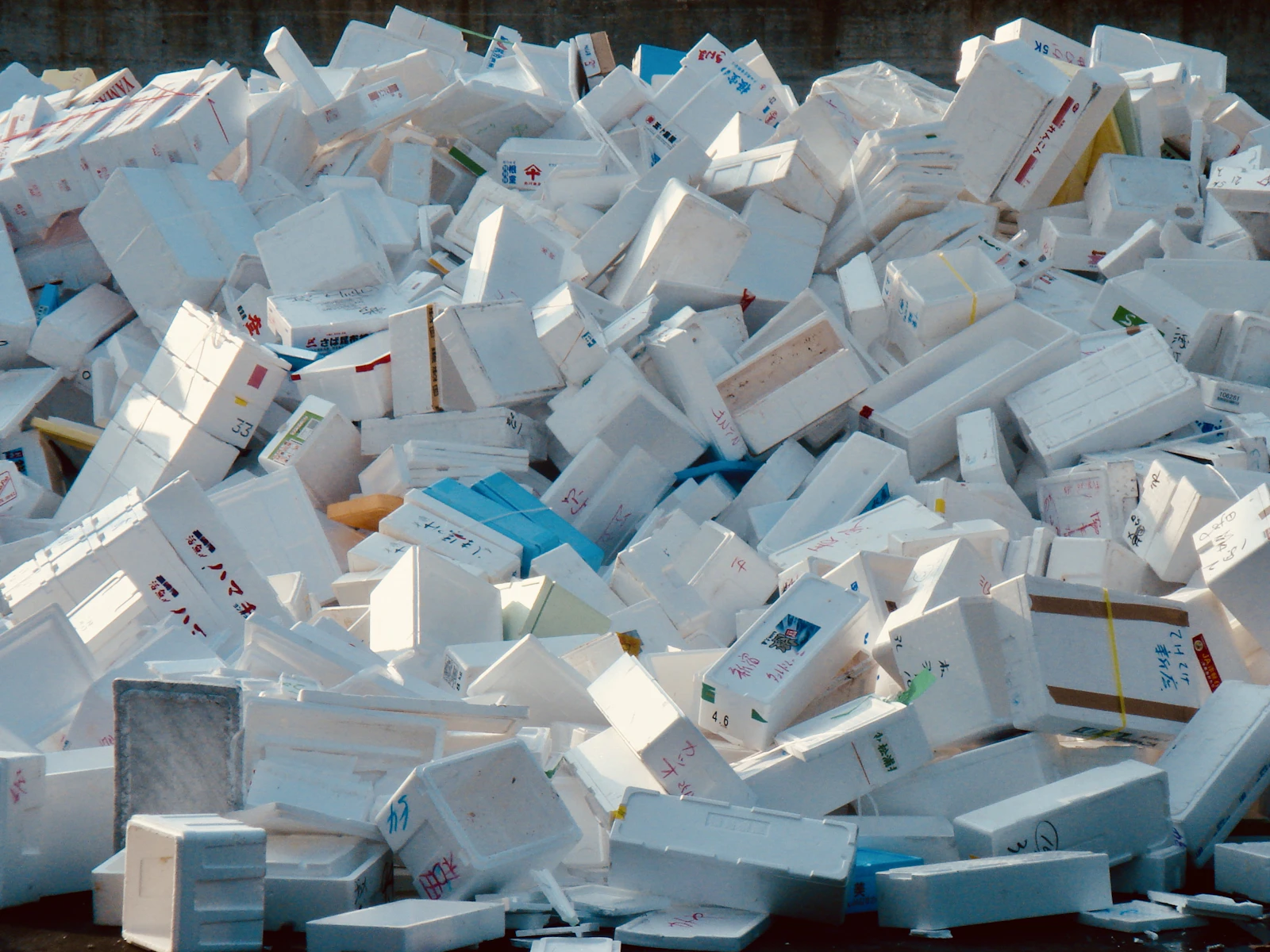 A large pile of white expanded polystyrene fish boxes at a collection point, representing EPS recyclability