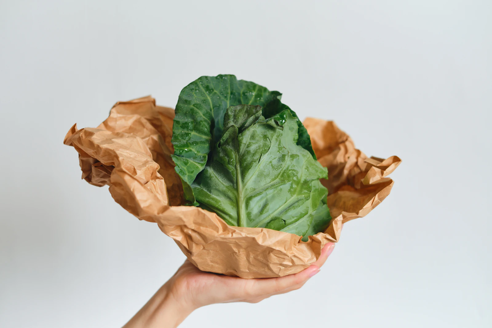 A hand holding fresh greens wrapped in kraft paper, representing sustainable packaging