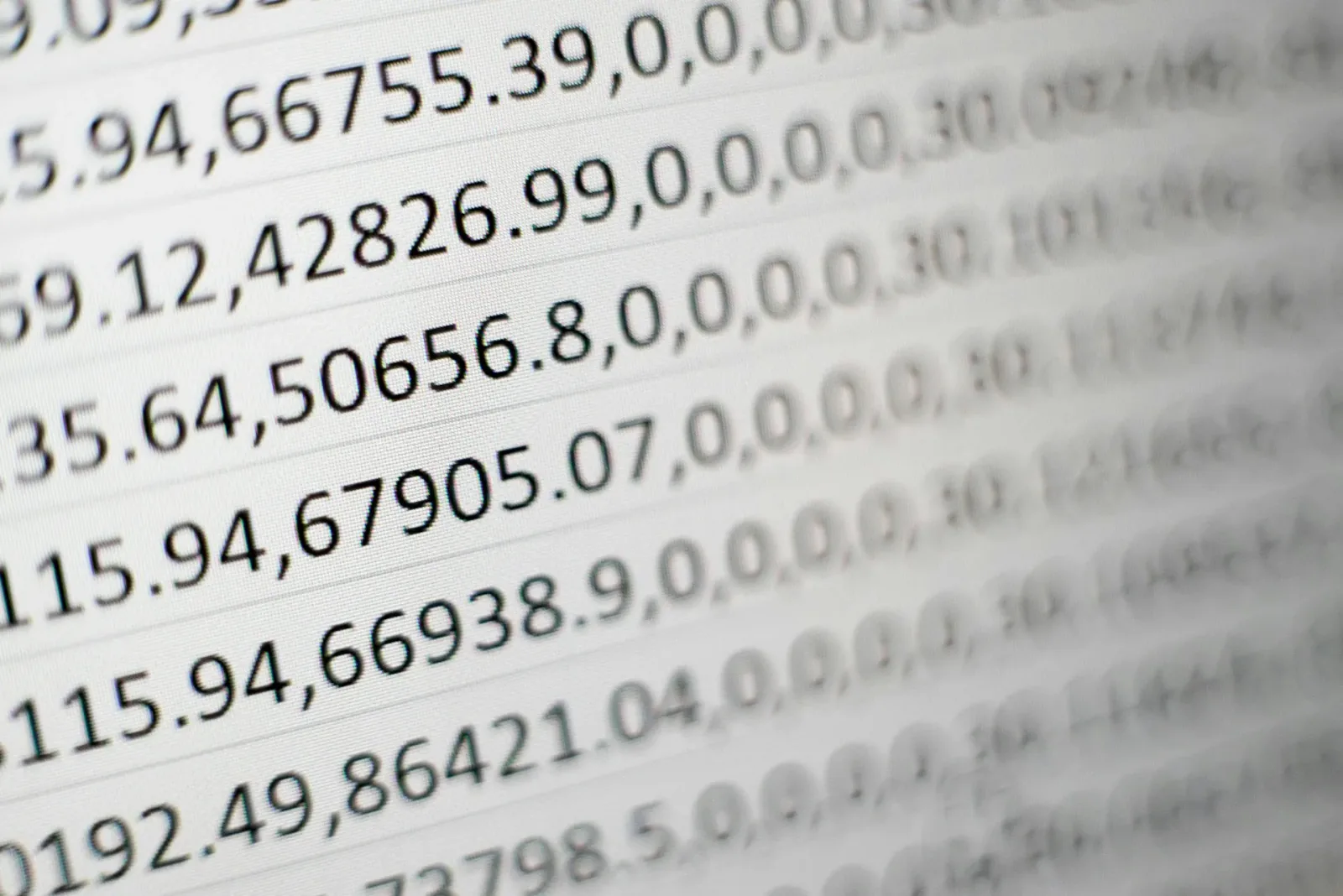 Close-up of a printed data report showing rows of numbers, like an EPR registration record